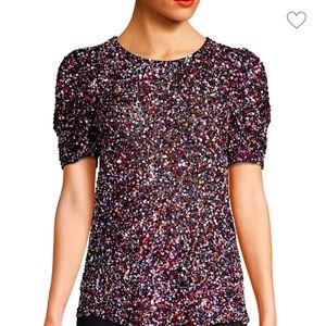 Parker Isaac Holiday Sequined short puff sleeved top lurex black. Large